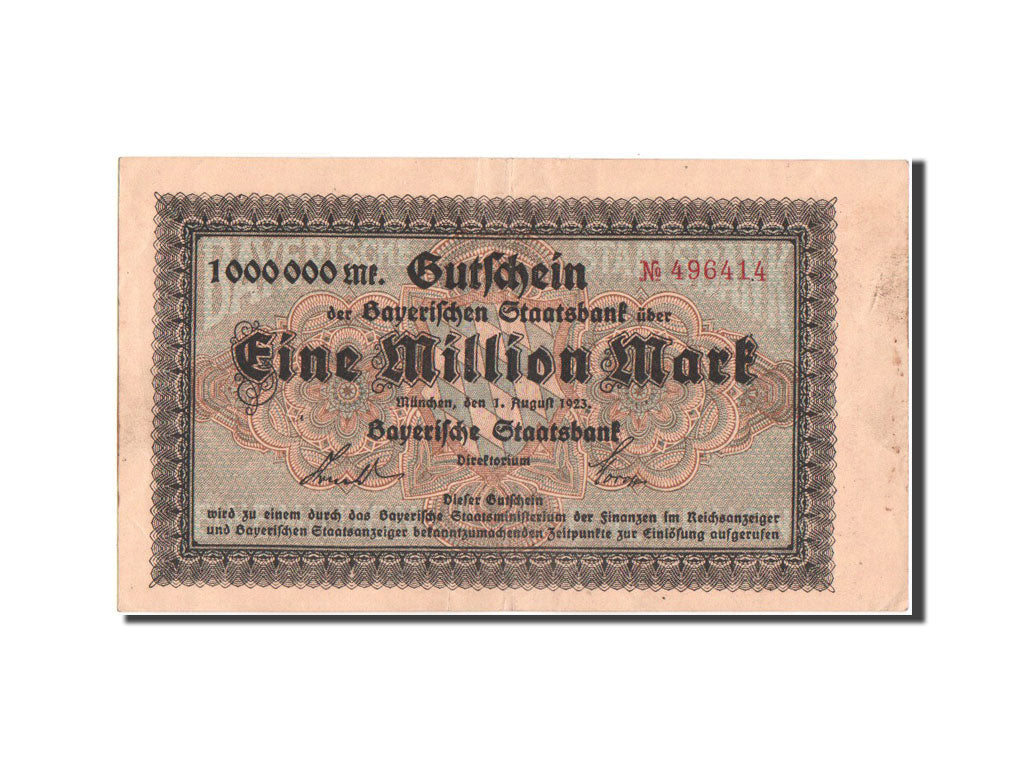 Banknote, Germany, Munich, 1 Million Mark, Bayerische Staatsbank, 1923