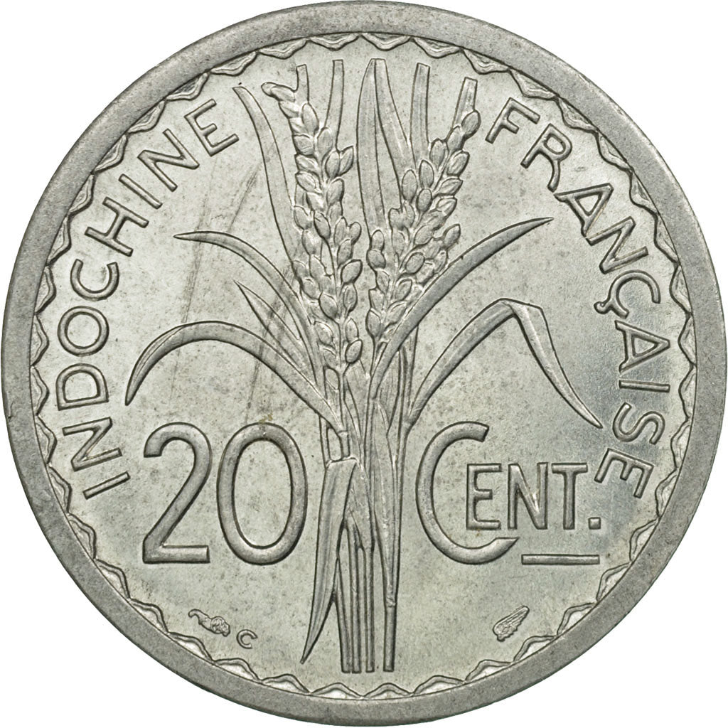 Moneda, INDOCHINA FRANCESA, 20 Cents, 1945, Castelsarrasin, SC, Aluminio