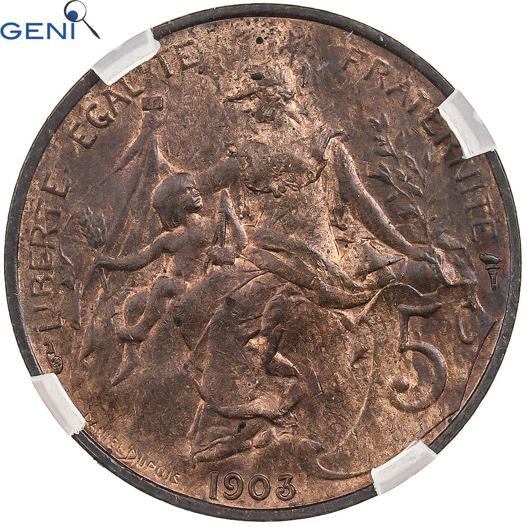 France, 5 Centimes, Dupuis, 1903, Paris, Bronze, GENI, MS63RB, Gadoury:165