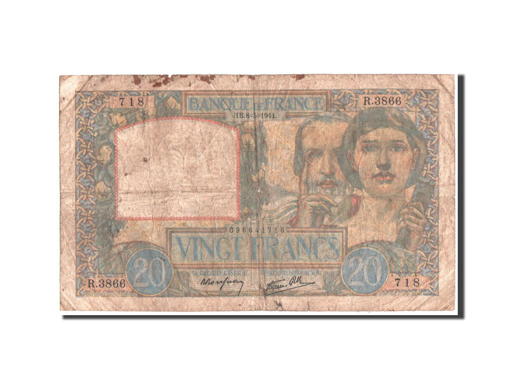 Banknote, France, 20 Francs, 20 F 1939-1942 ''Science et Travail'', 1941