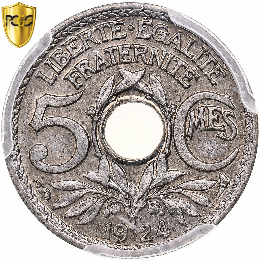 Francja, 5 Centimes, Lindauer, 1924, Paris, Miedź-Nikiel, PCGS, MS65
