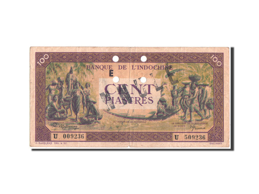 Banknot, FRANCUSKIE INDOCHINY, 100 Piastres, 1942, KM:73, VF(20-25)