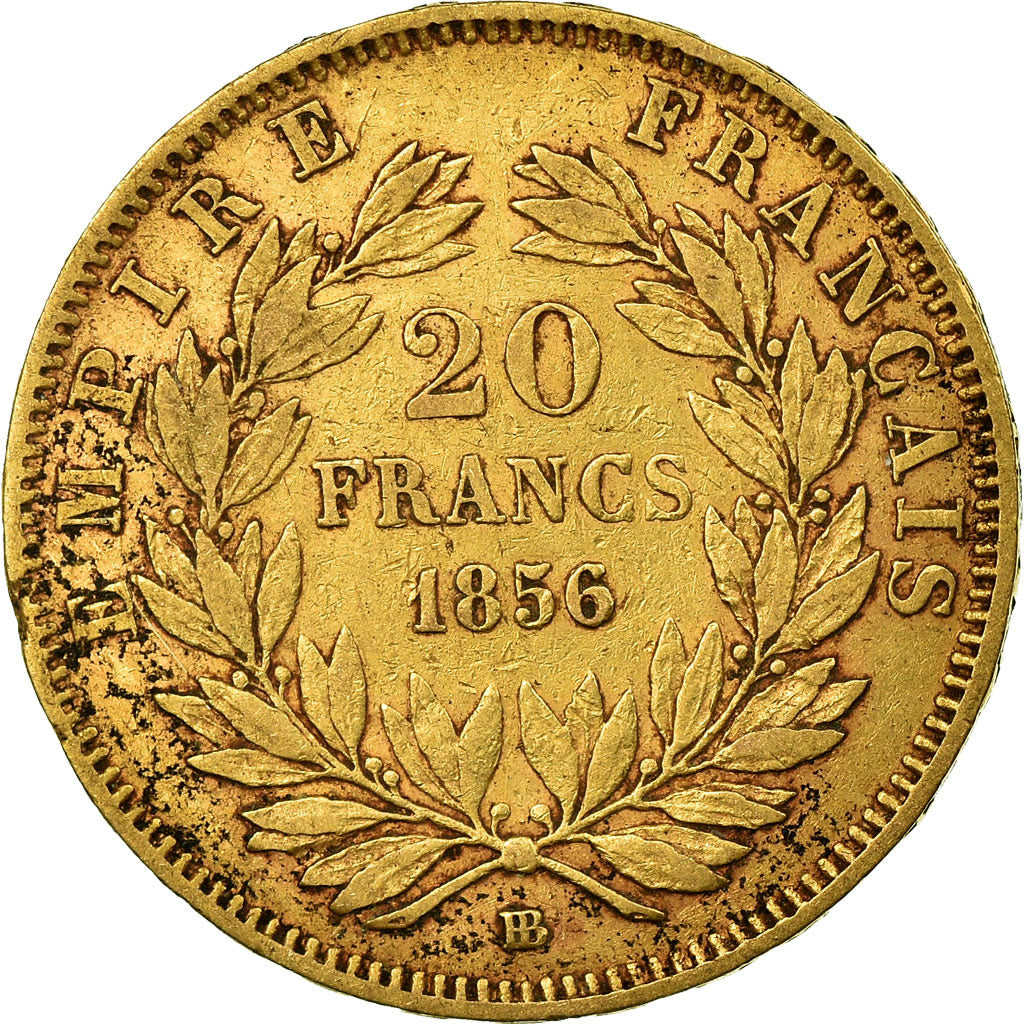 France, 20 Francs, Napoléon III, 1856, Strasbourg, Tête de chien, Or, TB