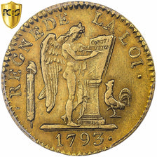 França, 24 Livres, 1793 / AN II, Lille, Dourado, PCGS, AU55, Gadoury:62
