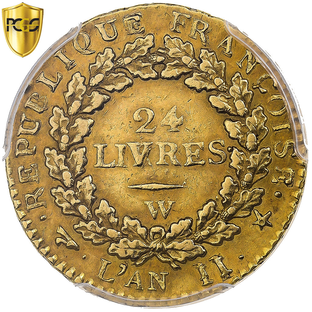 Francja, 24 Livres, 1793 / AN II, Lille, Złoto, PCGS, AU55, Gadoury:62