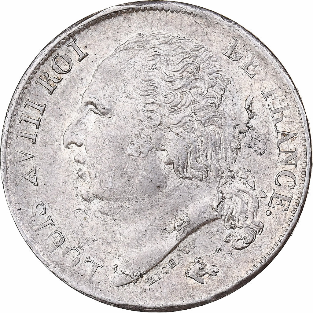France, Louis XVIII, 1 Franc, 1824, Bordeaux, Silver, AU(55-58), Gadoury:449