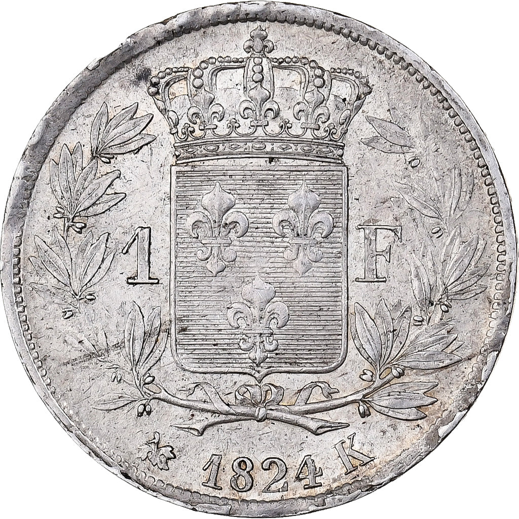 France, Louis XVIII, 1 Franc, 1824, Bordeaux, Silver, AU(55-58), Gadoury:449