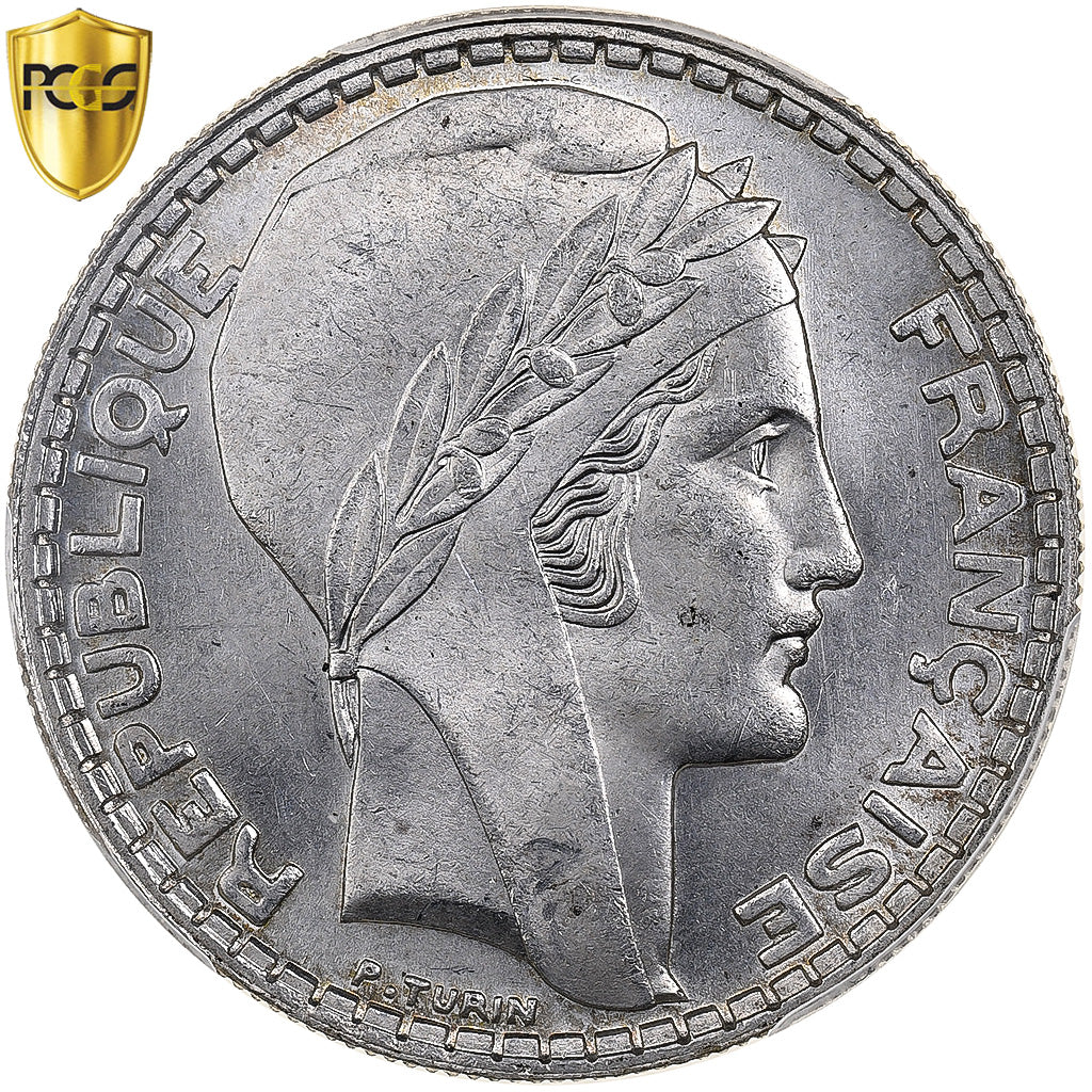 France, 20 Francs, Turin, 1933, Paris, Rameaux longs, Argent, PCGS, MS64