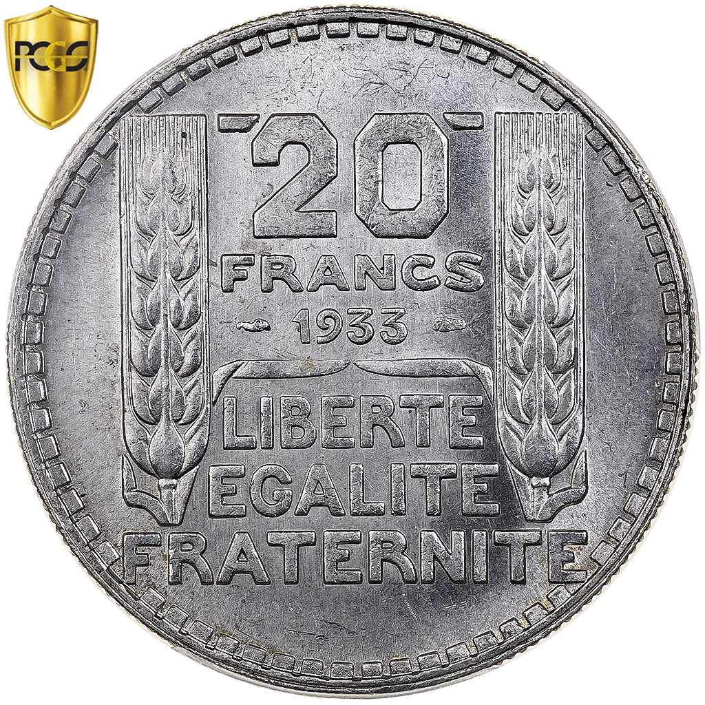 France, 20 Francs, Turin, 1933, Paris, Rameaux longs, Argent, PCGS, MS64