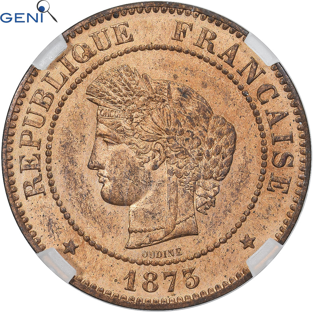 Moneta, Francia, Cérès, 5 Centimes, 1873, Paris, GENI, MS62RB, Bronzo, graded