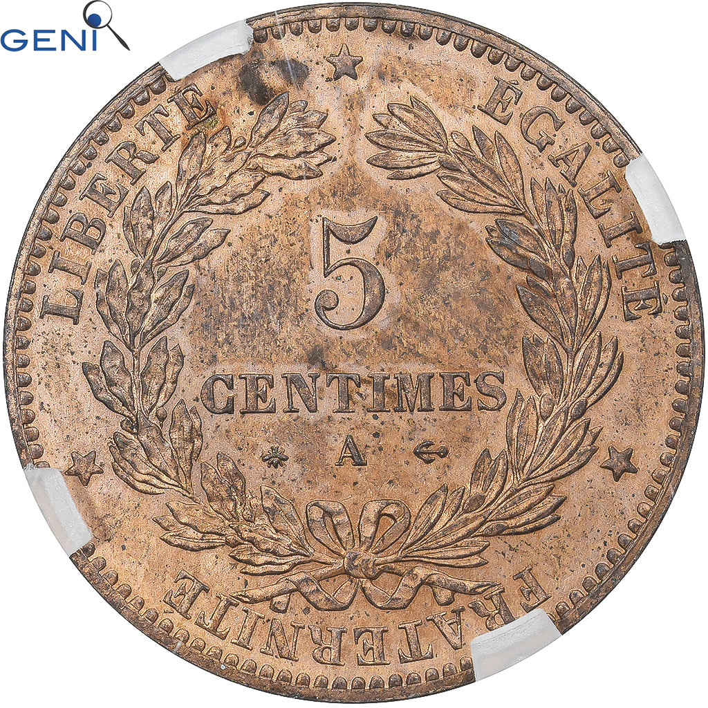 Moneta, Francia, Cérès, 5 Centimes, 1873, Paris, GENI, MS62RB, Bronzo, graded