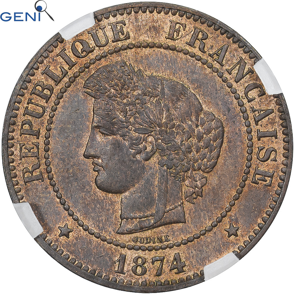 Munten, Frankrijk, Cérès, 5 Centimes, 1874, Paris, GENI, MS62RB, Bronze