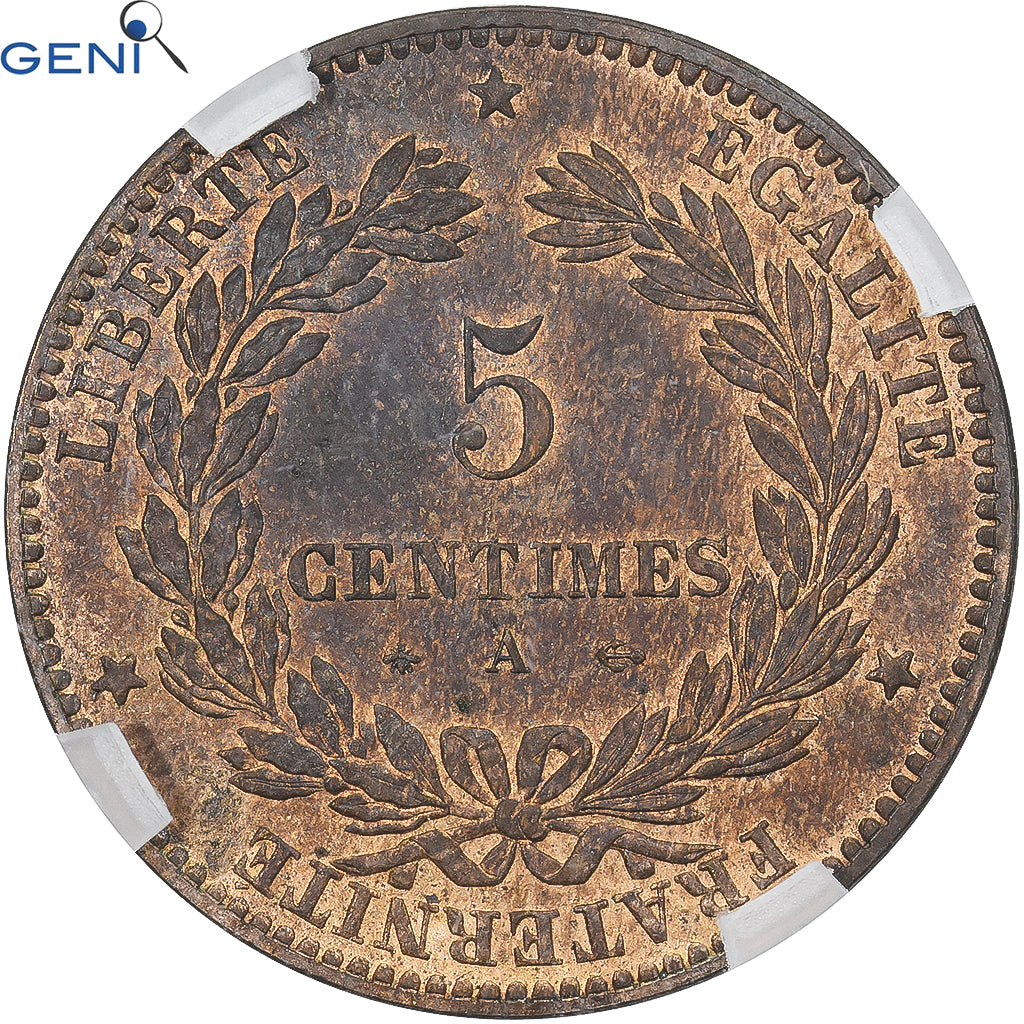 Munten, Frankrijk, Cérès, 5 Centimes, 1874, Paris, GENI, MS62RB, Bronze