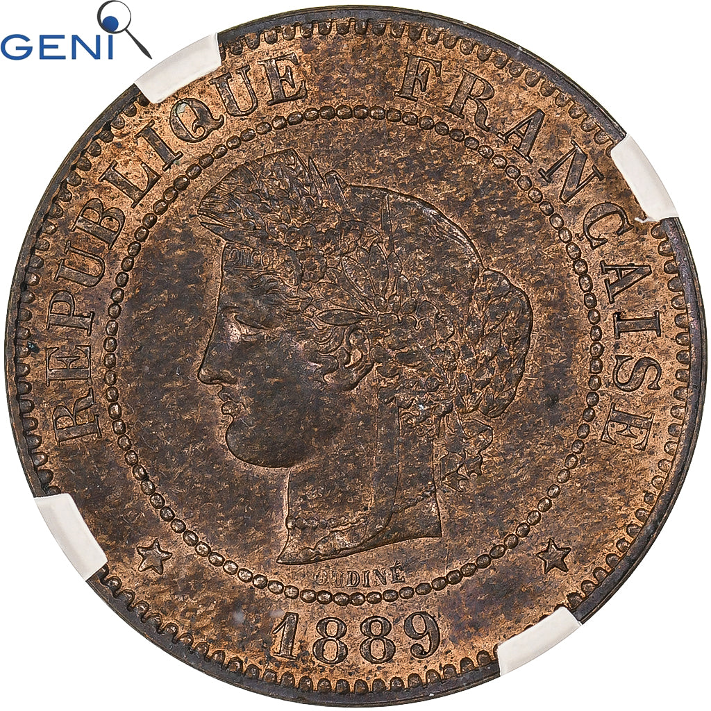 Coin, France, Cérès, 5 Centimes, 1889, Paris, GENI, MS63RB, Bronze, graded
