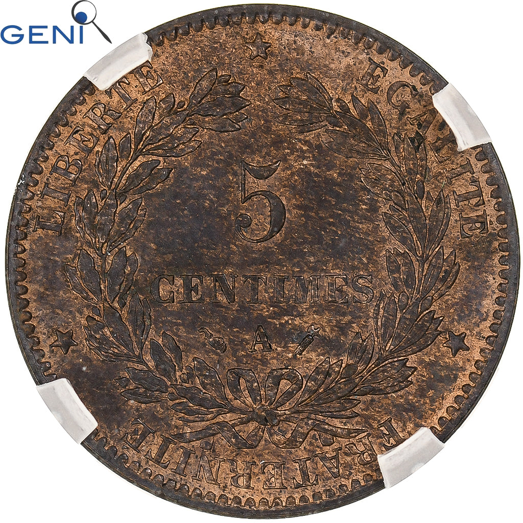 Coin, France, Cérès, 5 Centimes, 1889, Paris, GENI, MS63RB, Bronze, graded