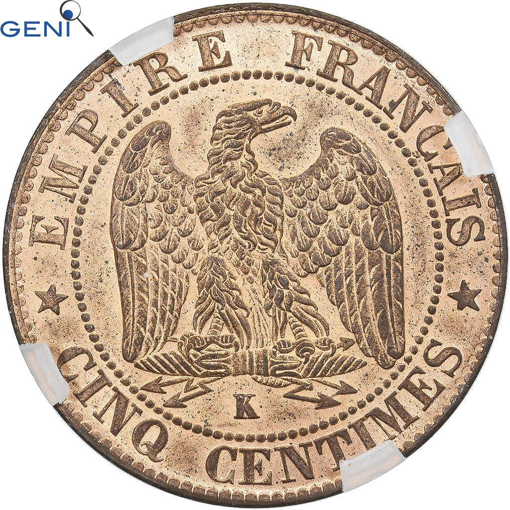 Coin, France, Napoléon III, 5 Centimes, 1855, Bordeaux, GENI, MS63RB, Bronze