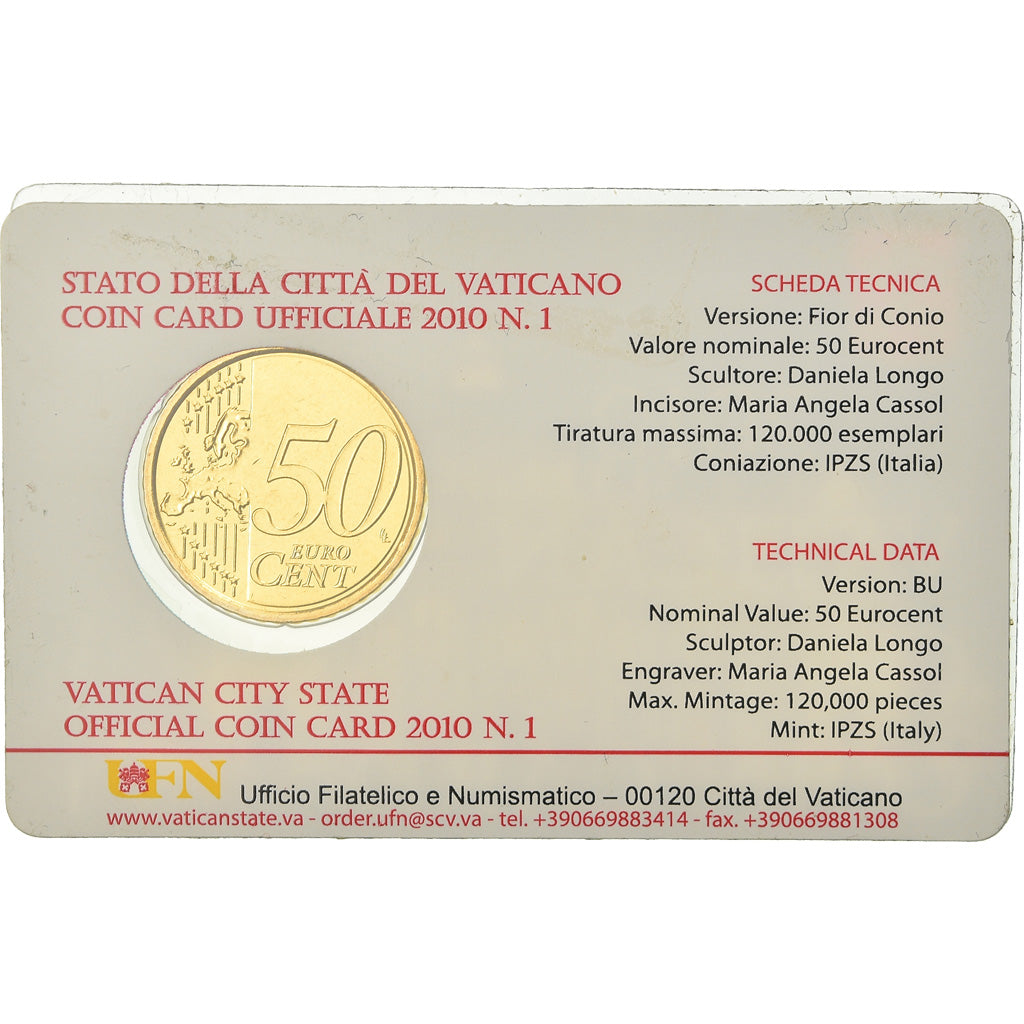 VATICAN CITY, 50 Euro Cent, 2010, Coin card, MS(65-70), Brass