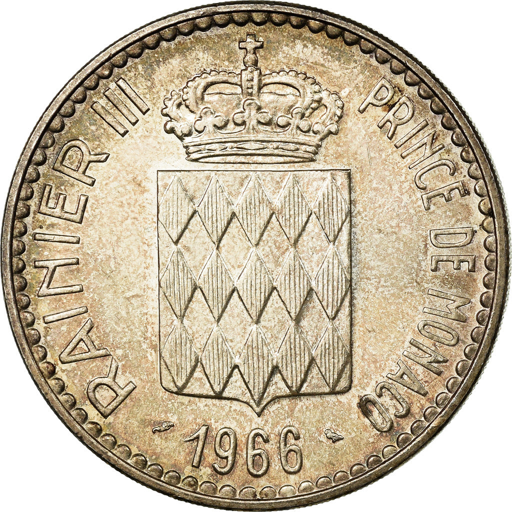 Moeda, Mónaco, Rainier III, Charles III, 10 Francs, 1966, AU(55-58), Prata