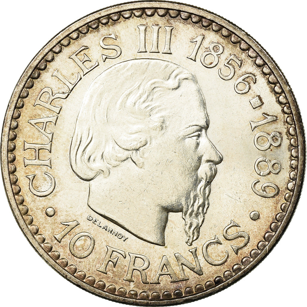 Moeda, Mónaco, Rainier III, Charles III, 10 Francs, 1966, AU(55-58), Prata