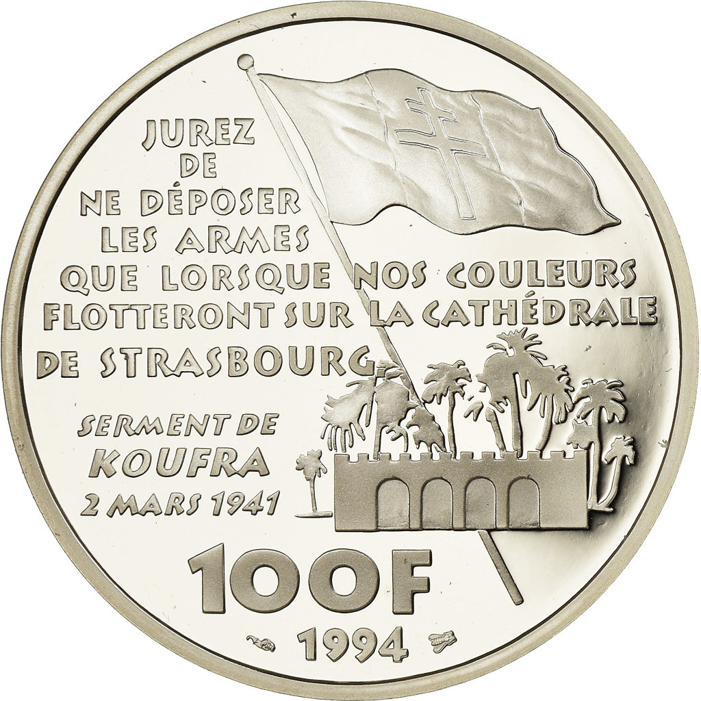 Munten, Frankrijk, Général Leclerc, 100 Francs, 1994, BE, FDC, Zilver