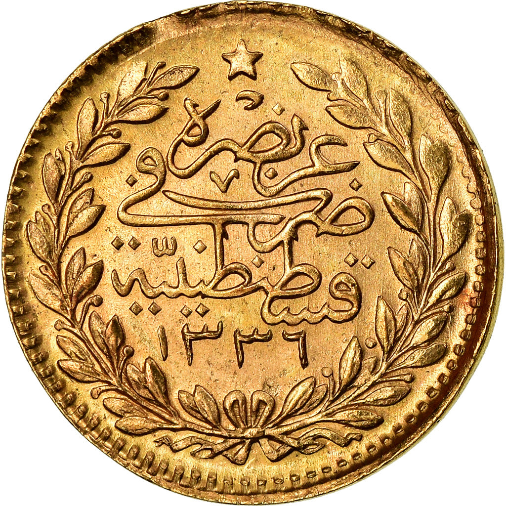 Coin, Turkey, Muhammad VI, 25 Kurush, 1917, Qustantiniyah, EF(40-45), Gold