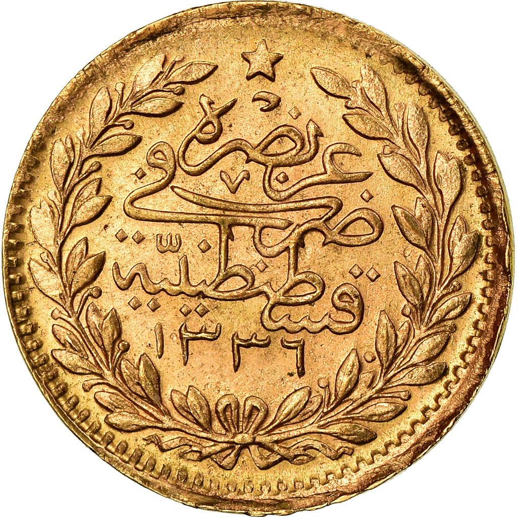 Coin, Turkey, Muhammad VI, 25 Kurush, 1917, Qustantiniyah, EF(40-45), Gold