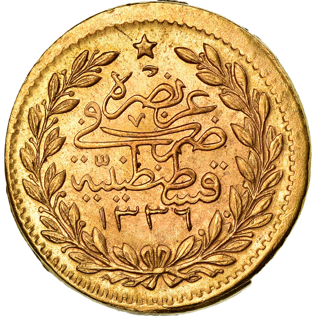 Coin, Turkey, Muhammad VI, 25 Kurush, 1917, Qustantiniyah, EF(40-45), Gold