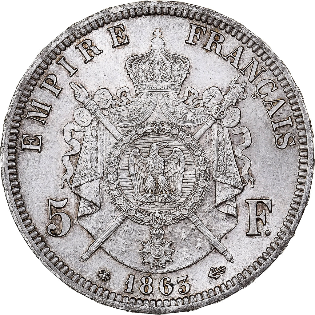 Francia, Napoleon III, 5 Francs, 1863, Paris, Argento, NGC, SPL, Gadoury:739