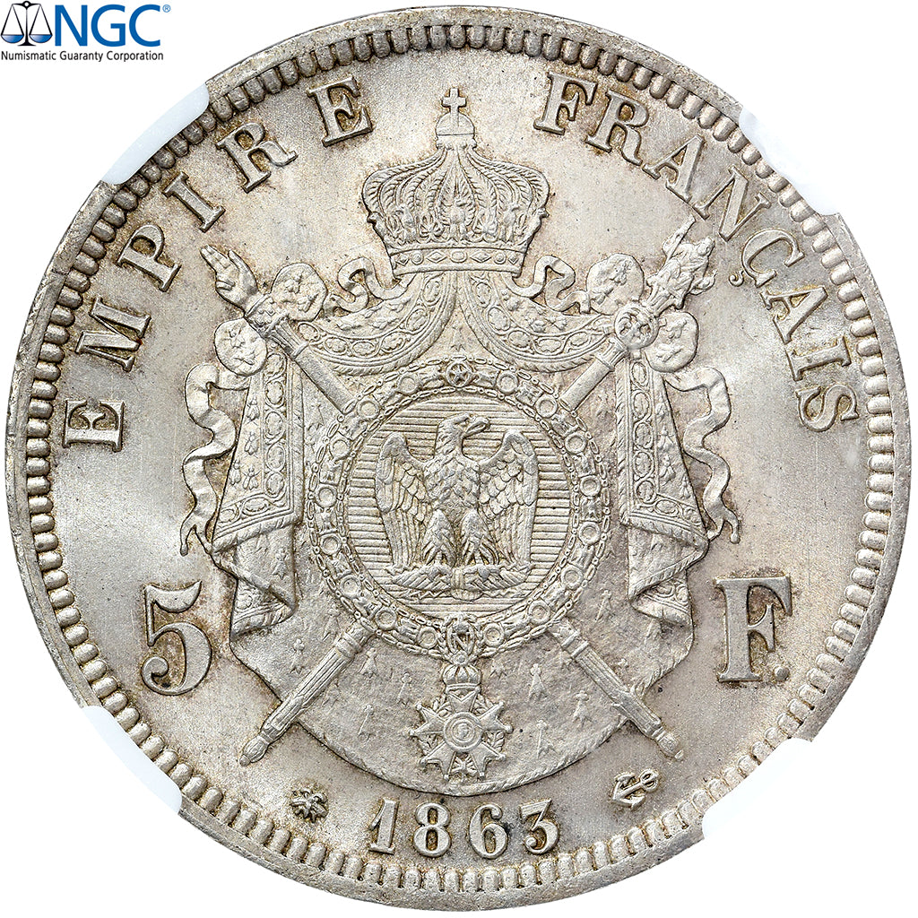 France, Napoleon III, 5 Francs, 1863, Paris, Silver, NGC, MS(63), Gadoury:739