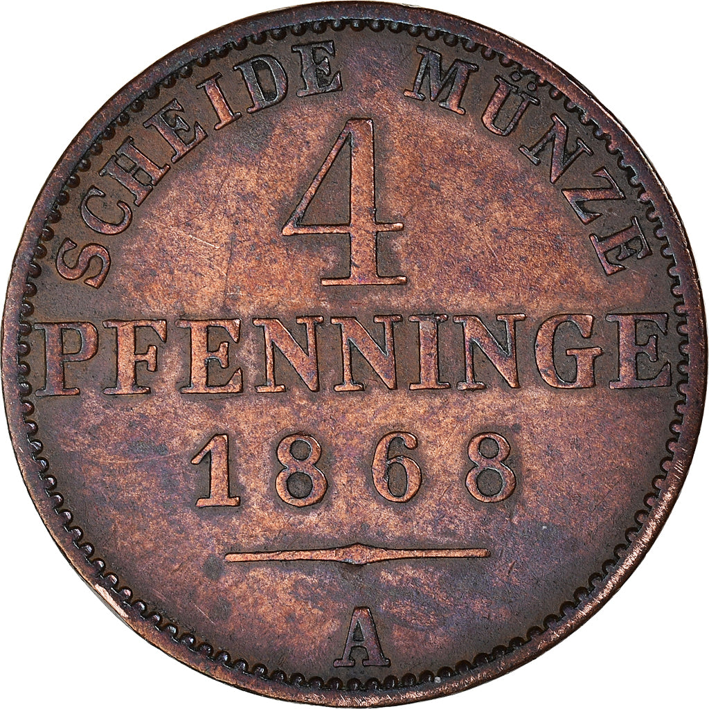 Münze, Deutsch Staaten, 4 Pfennige, 1868, Berlin, SS+, Kupfer