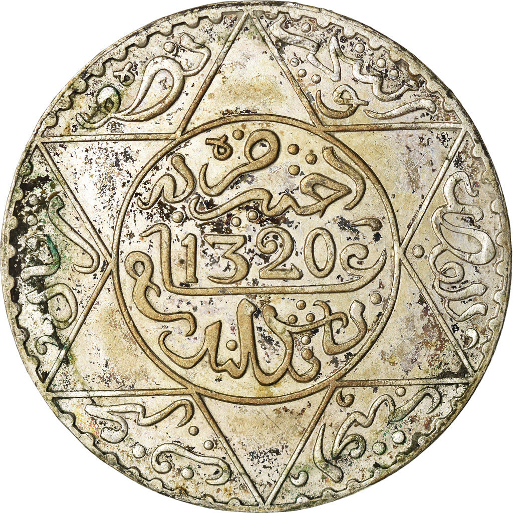 Monnaie, Maroc, 'Abd al-Aziz, 1/2 Rial, 5 Dirhams, 1902, Londres, TTB, Argent
