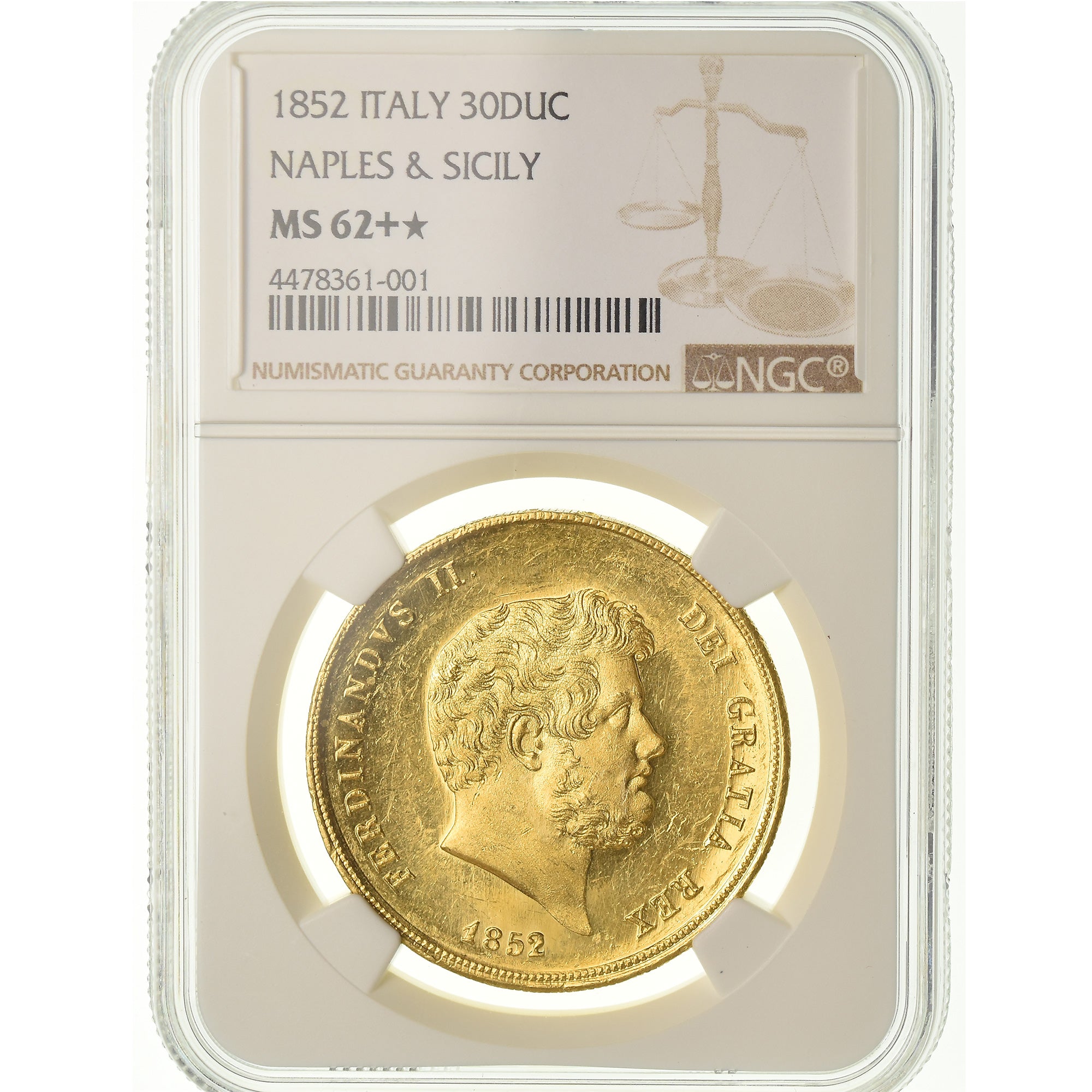 Kingdom of the Two Sicilies, Ferdinando II, 30 Ducati, 1852, Naples, Oro, NGC