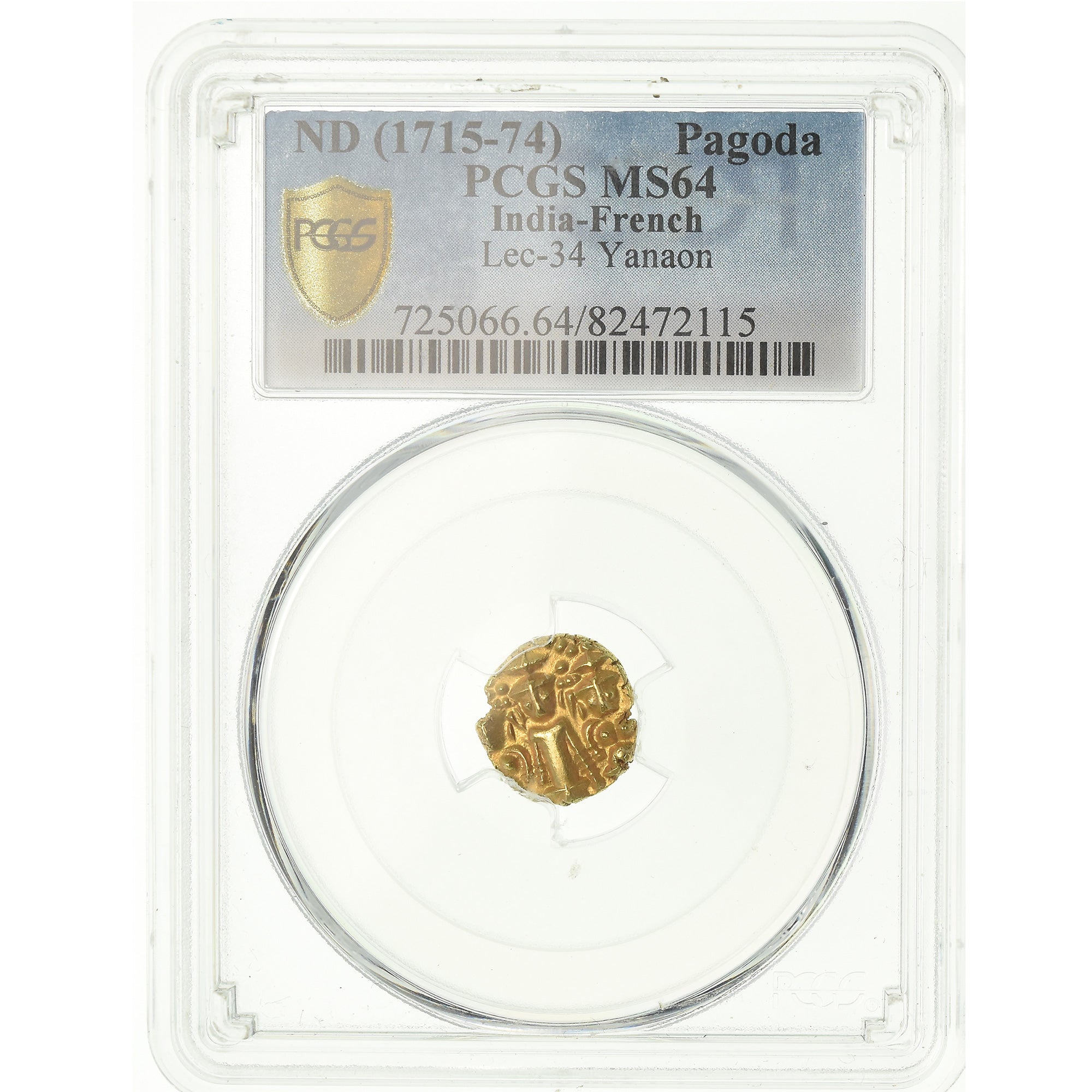 French India, Pagoda, 1715-1774, Yanaon, Gold, PCGS, MS64, Lecompte:34, KM:69