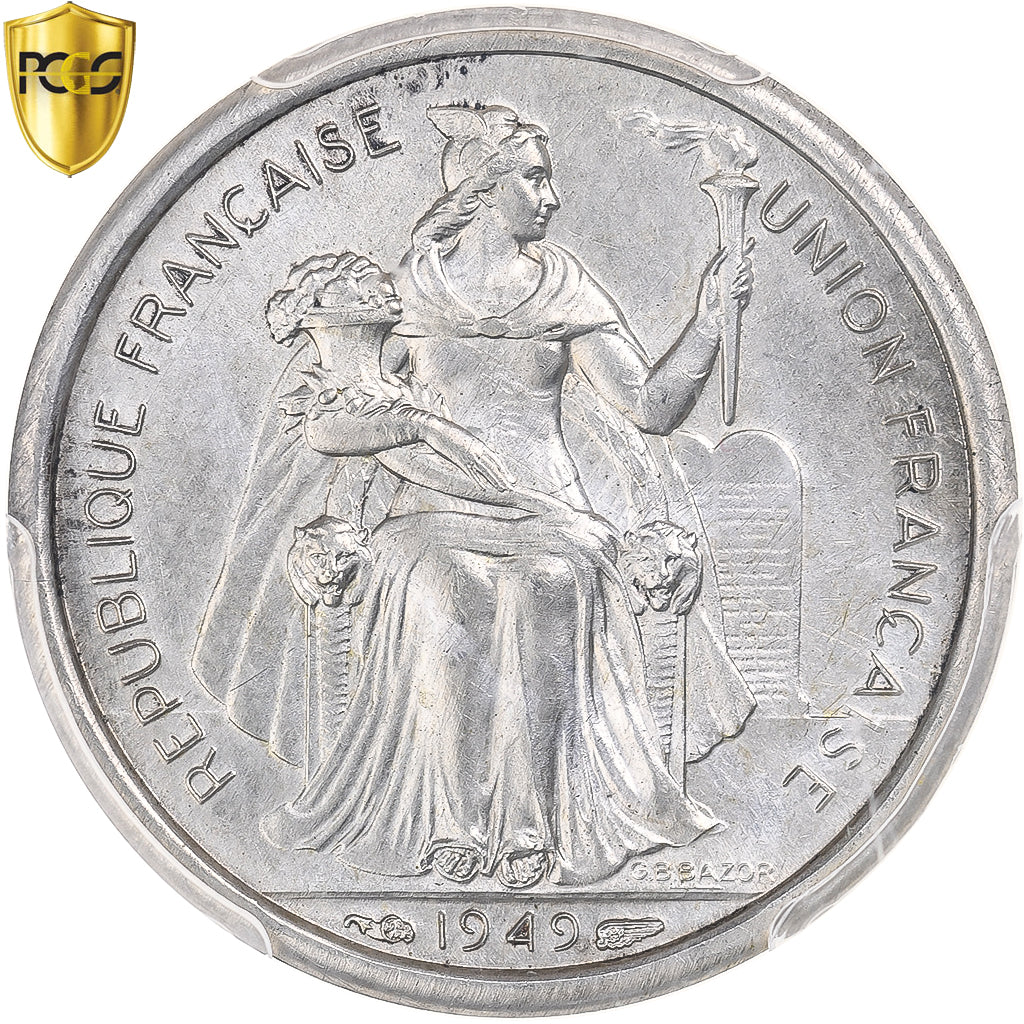 Nowa Kaledonia, 1 Franc, 1949, Paris, Egzemplarz, Srebro, PCGS, SP64