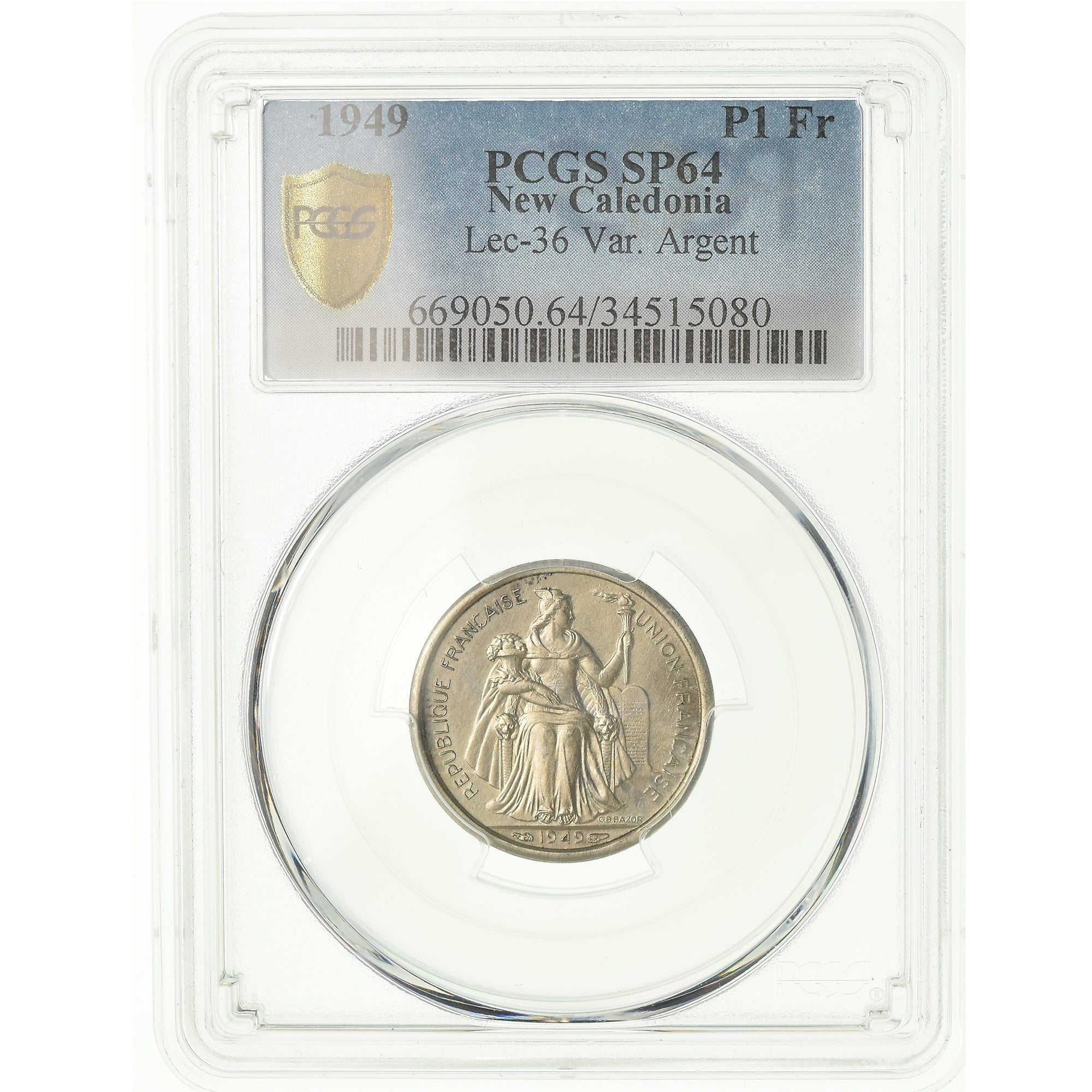 Nova Caledónia, 1 Franc, 1949, Paris, Espécime, Prata, PCGS, SP64, Lecompte:36