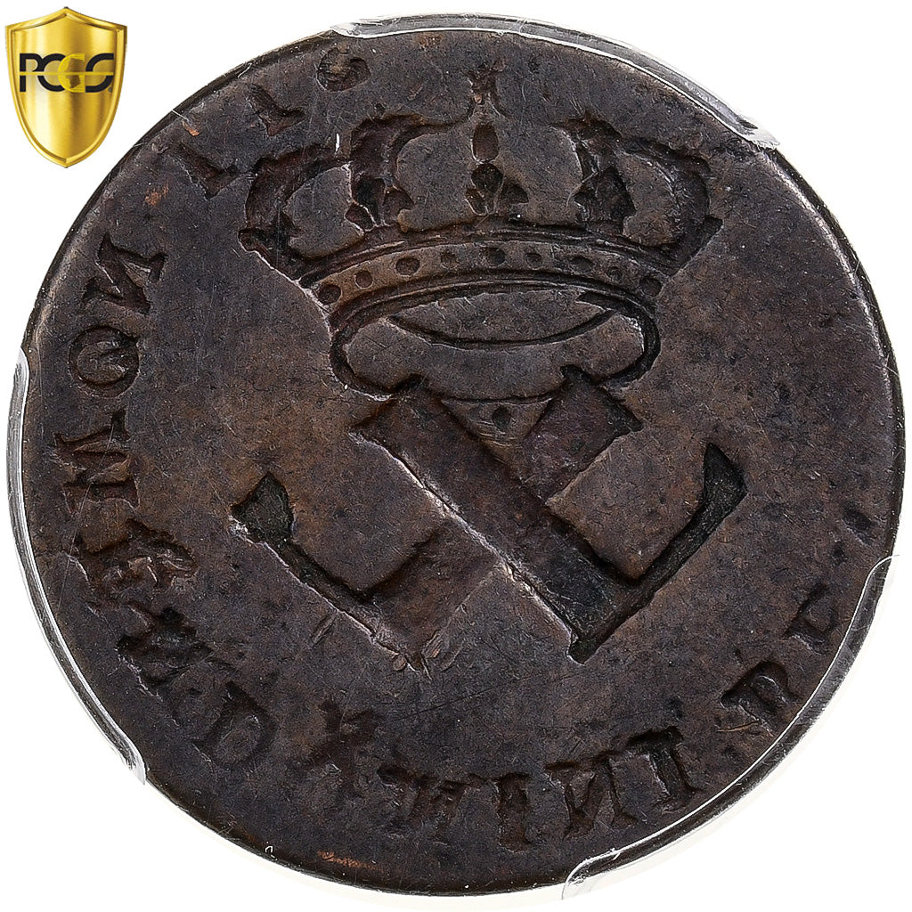 NEW FRANCE, Louis XV, 9 Deniers, (1721-22), Frappe incuse, Bronce, PCGS, F15