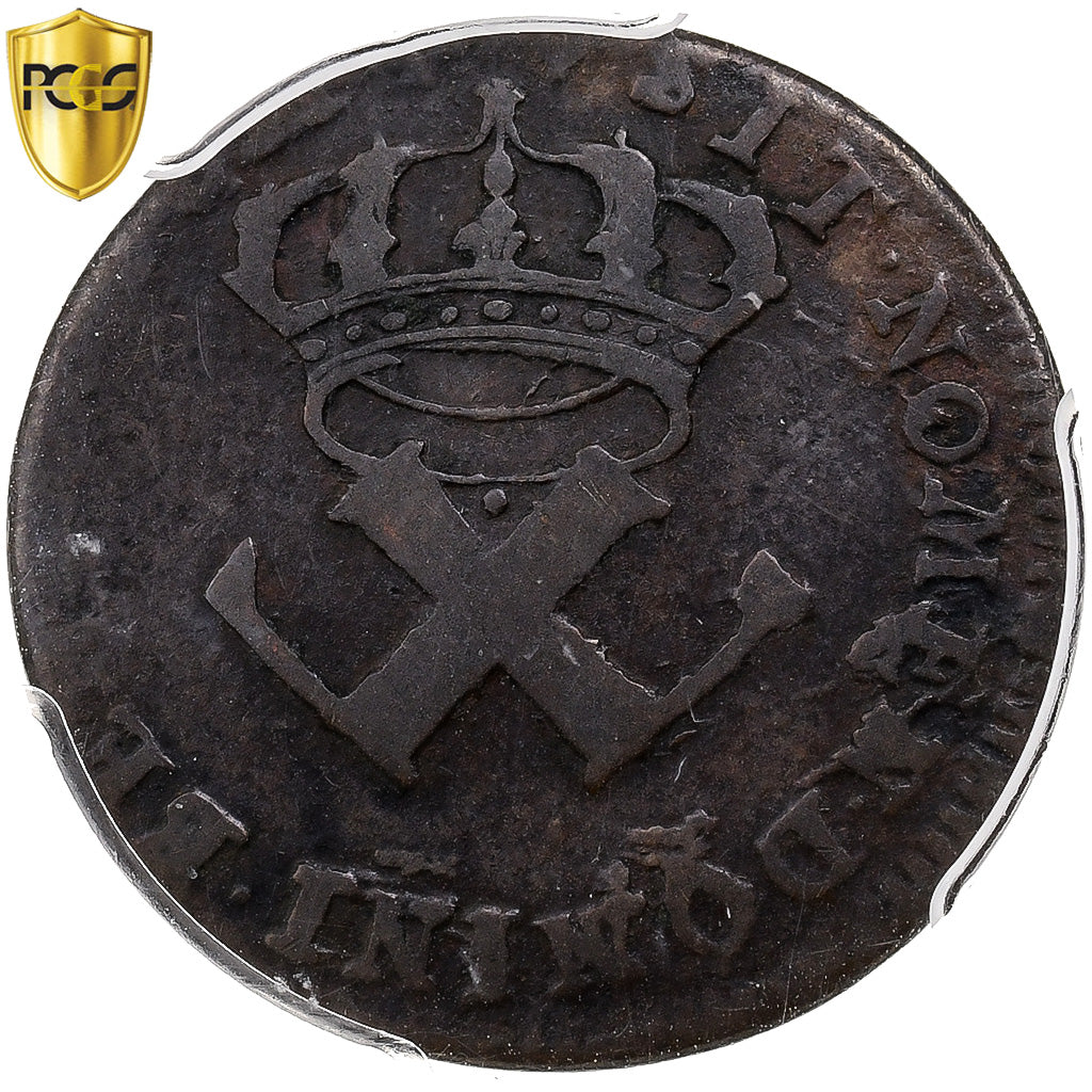 NEW FRANCE, Louis XV, 9 Deniers, (1721-22), Frappe incuse, Bronce, PCGS, F15