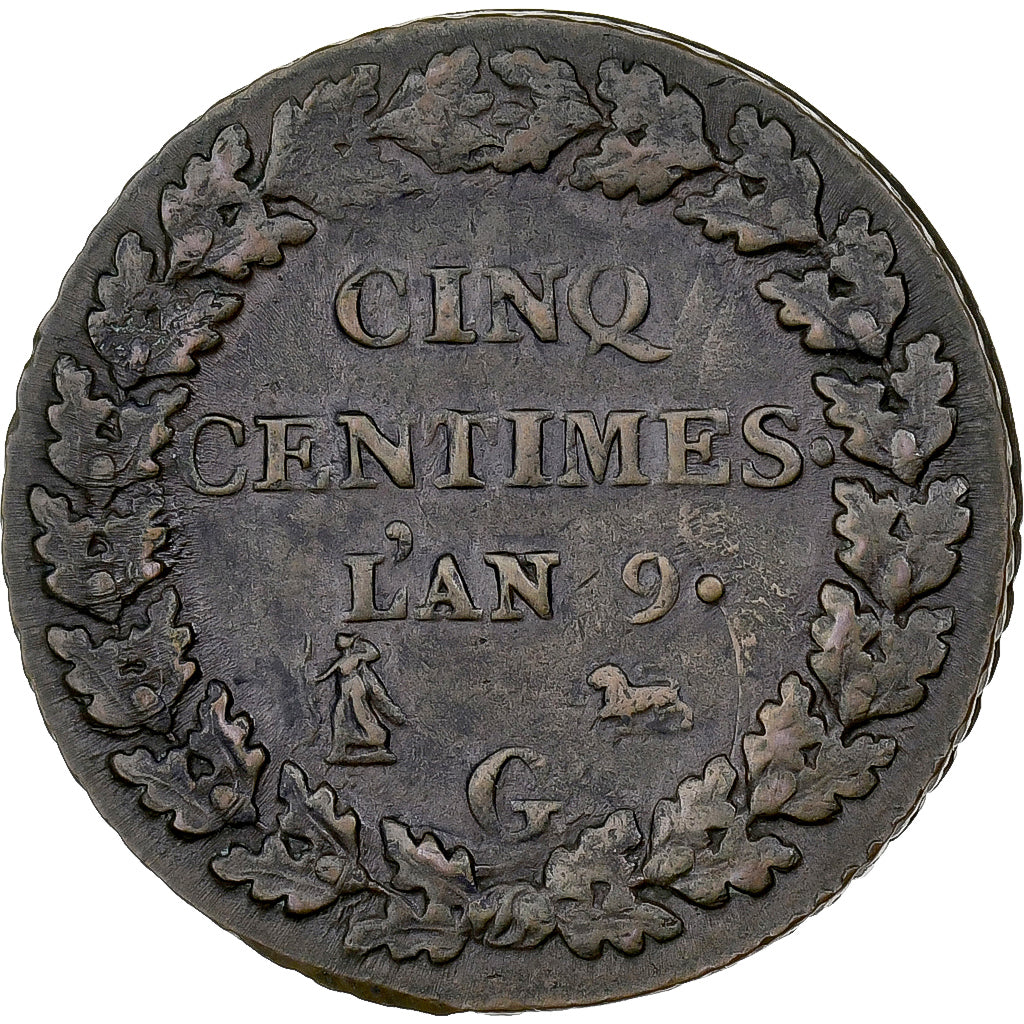 Frankreich, 5 Centimes, Dupré, AN 9, Geneva, Bronze, SS+, Gadoury:126b