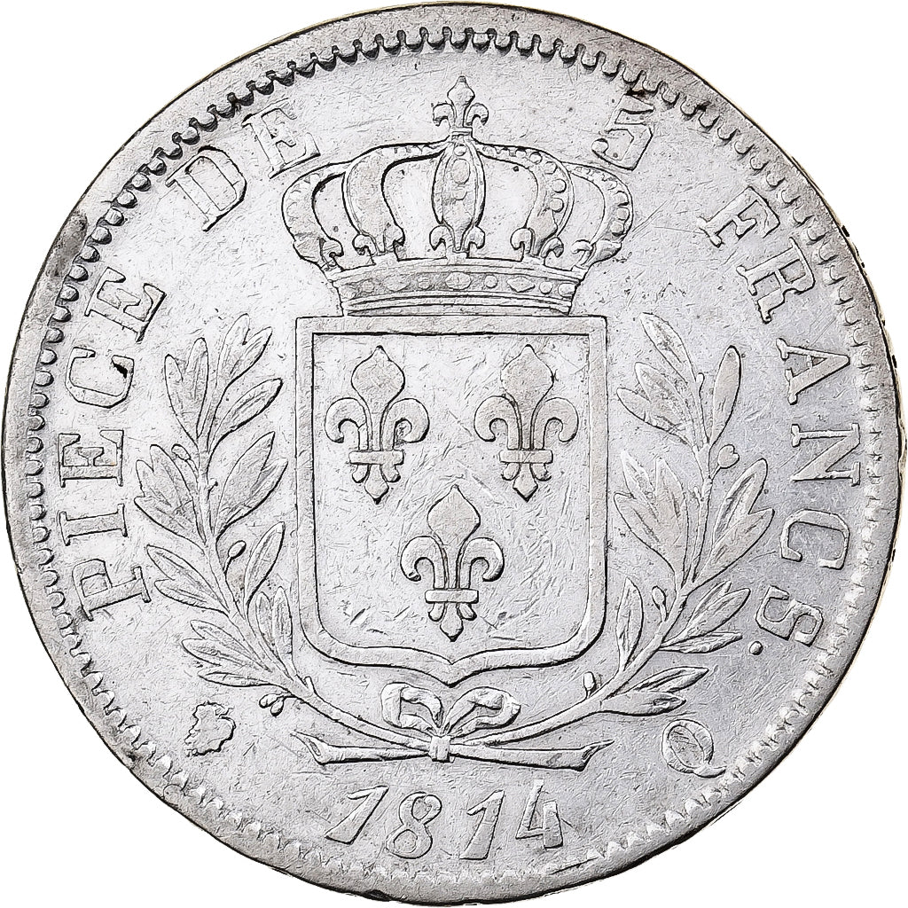 France, Louis XVIII, 5 Francs, 1814, Perpignan, Silver, VF(30-35), Gadoury:591
