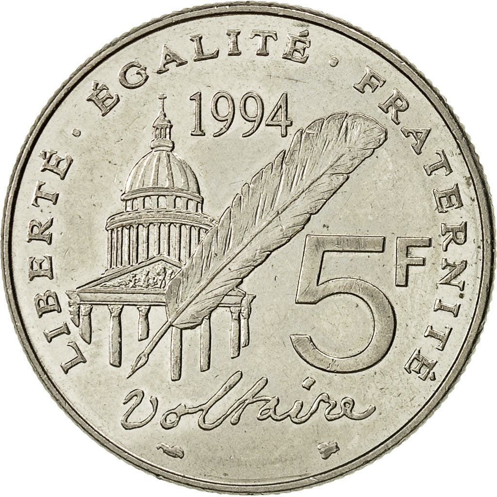 Coin, France, Voltaire, 5 Francs, 1994, Paris, AU(55-58), Nickel, KM:1063
