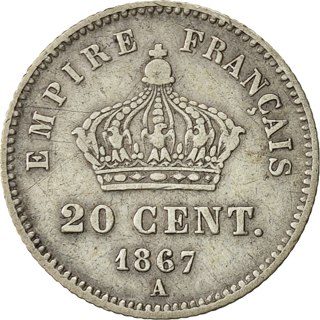 Moneda, Francia, Napoleon III, Napoléon III, 20 Centimes, 1867, Paris, BC+