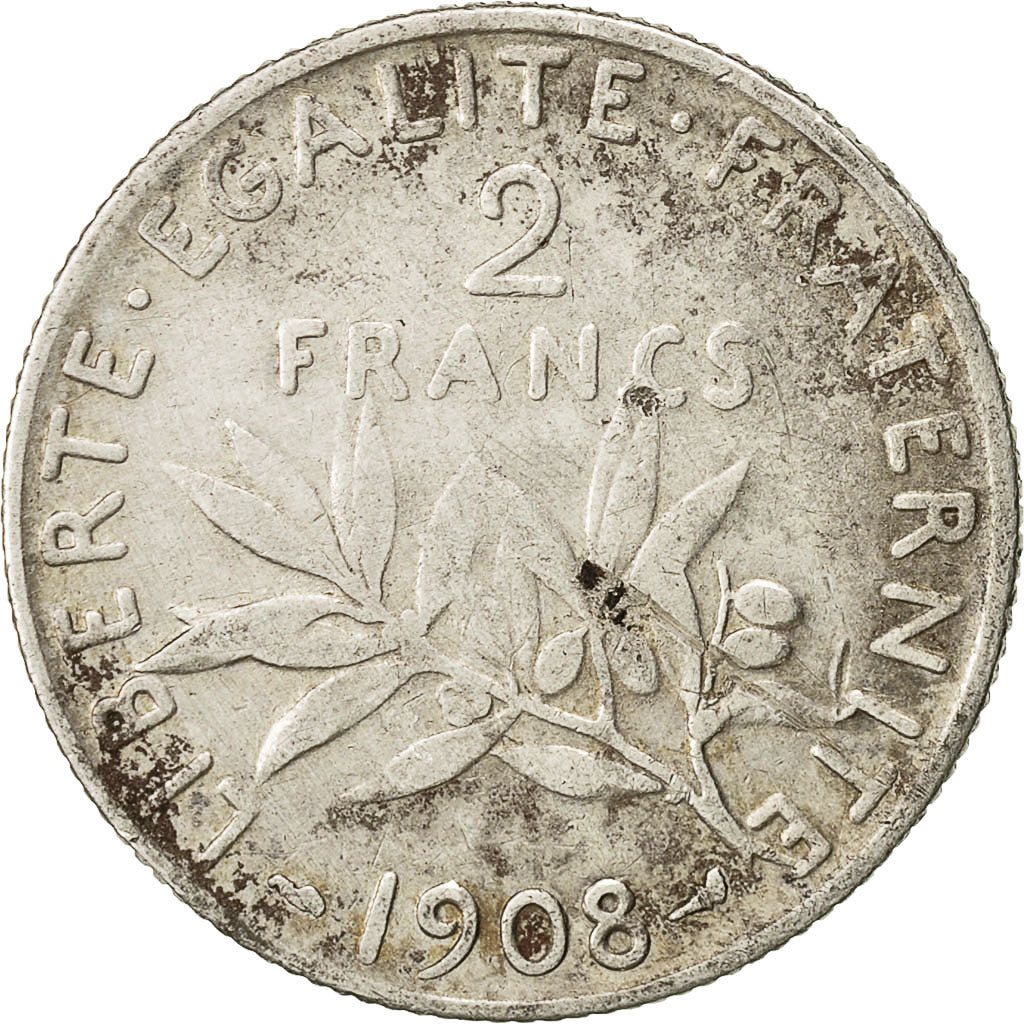 Coin, France, Semeuse, 2 Francs, 1908, Paris, VF(30-35), Silver, KM:845.1
