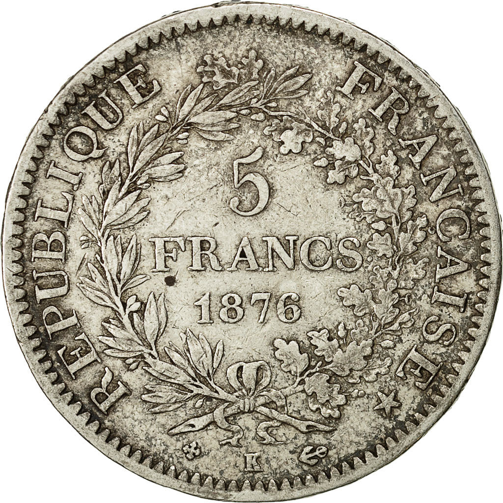 Coin, France, Hercule, 5 Francs, 1876, Bordeaux, EF(40-45), Silver, KM:820.2