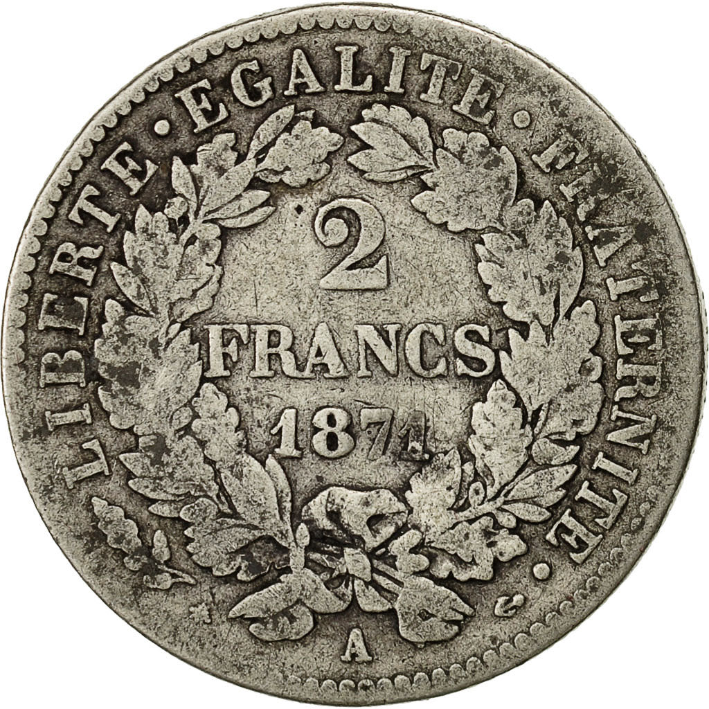 Coin, France, Cérès, 2 Francs, 1871, Paris, VF(20-25), Silver, KM:817.1