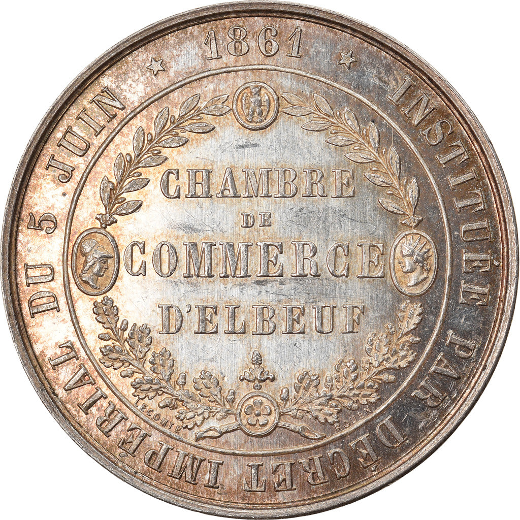 France, Medal, Chambre de Commerce d'Elbeuf, 1861, Lecomte, MS(60-62), Silver