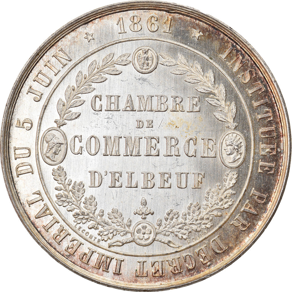 France, Medal, Chambre de Commerce d'Elbeuf, 1861, Lecomte, MS(60-62), Silver