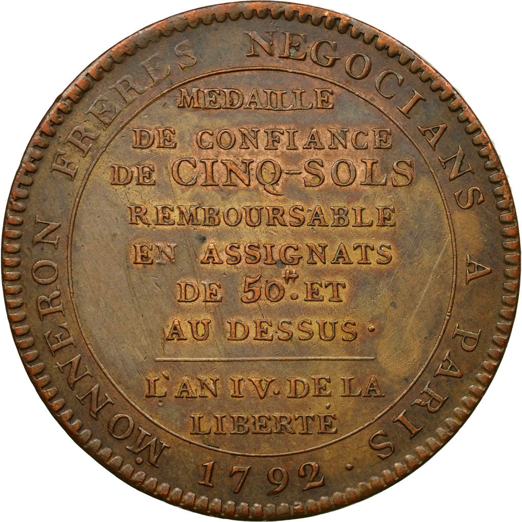 France, Monneron de 5 Sols, 1792, Birmingham, Bronze, AU(55-58), Brandon:223