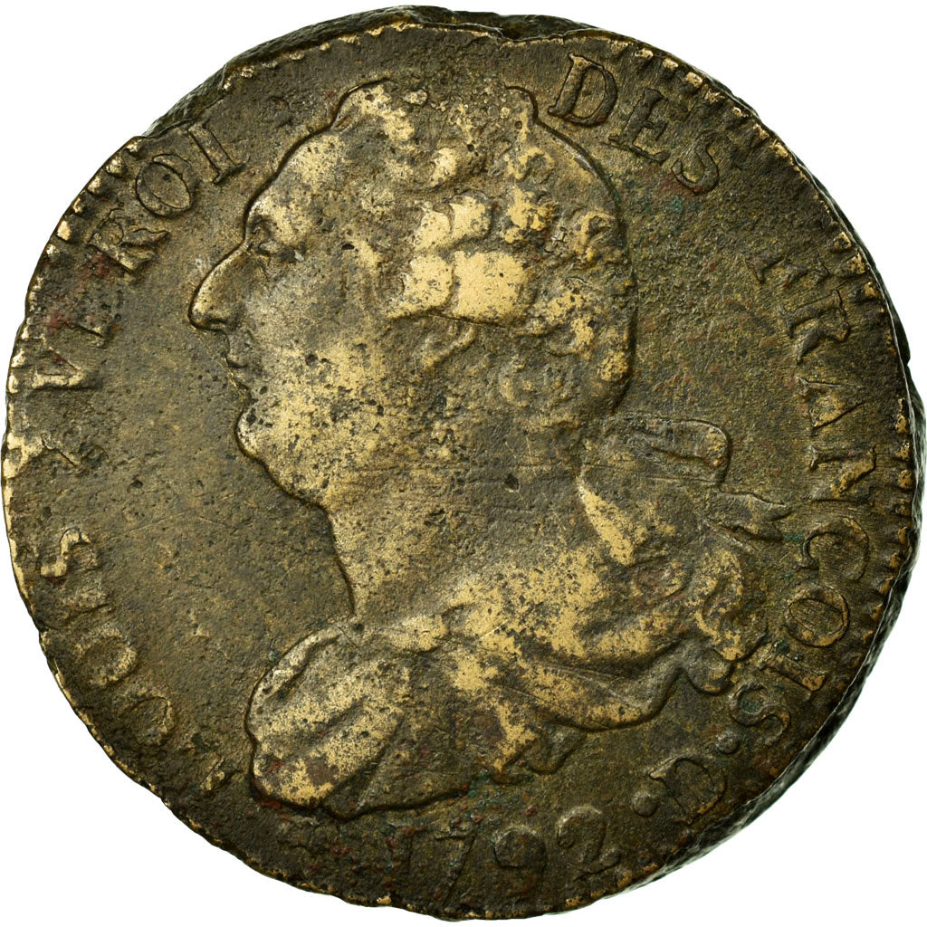 Moneta, Francia, Louis XVI, 2 sols françois, 2 Sols, 1792, Lyon, MB+, Bronzo