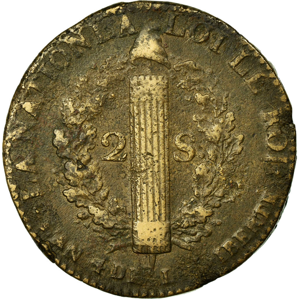 Moneta, Francia, Louis XVI, 2 sols françois, 2 Sols, 1792, Lyon, MB+, Bronzo