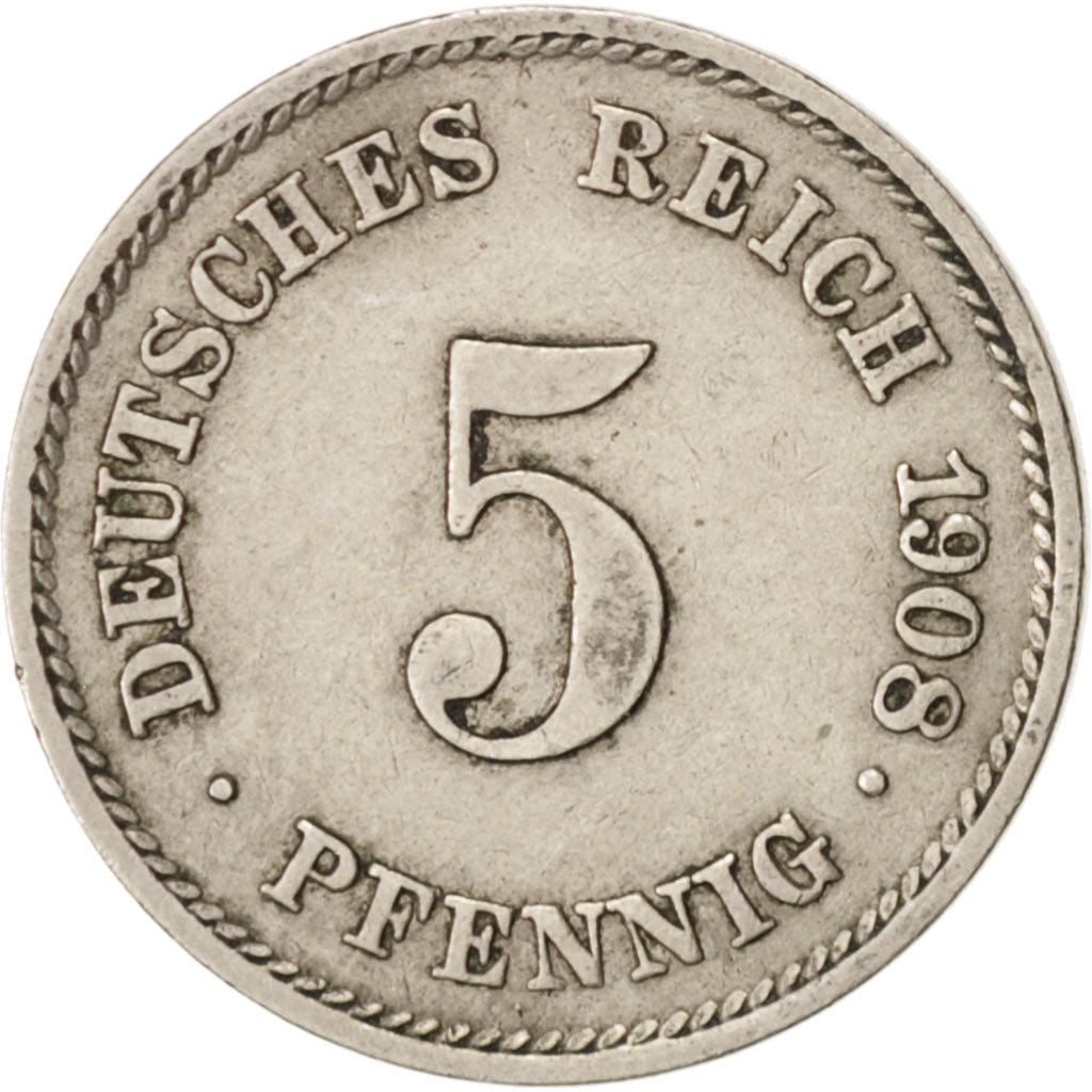 Coin, GERMANY - EMPIRE, Wilhelm II, 5 Pfennig, 1908, Muldenhütten, EF(40-45)